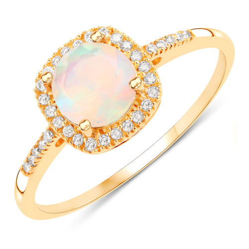 Opal-0.59 Carat Genuine Ethiopian Opal and White Diamond 14K Yellow Gold Ring