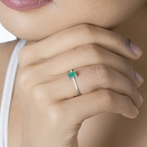 0.59 Carat Genuine Zambian Emerald and White Diamond 14K White Gold Ring
