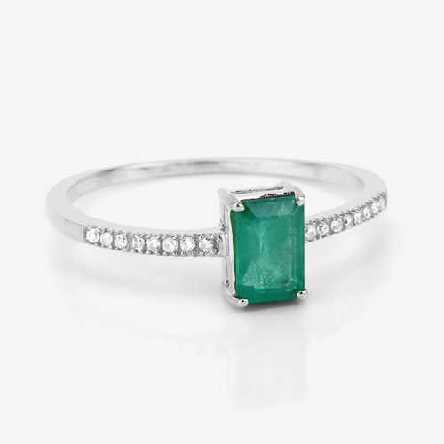 0.59 Carat Genuine Zambian Emerald and White Diamond 14K White Gold Ring