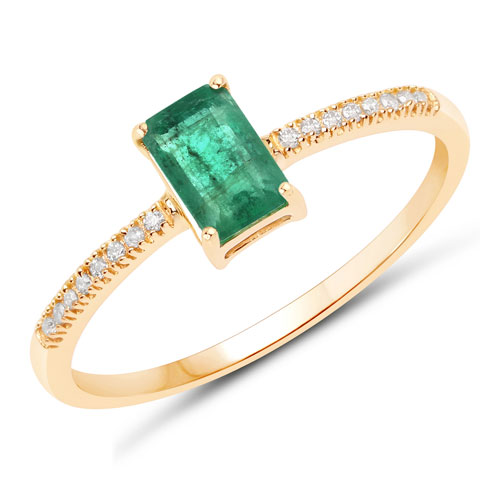 Emerald-0.59 Carat Genuine Zambian Emerald and White Diamond 14K Yellow Gold Ring