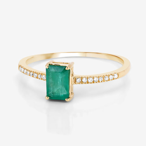 0.59 Carat Genuine Zambian Emerald and White Diamond 14K Yellow Gold Ring