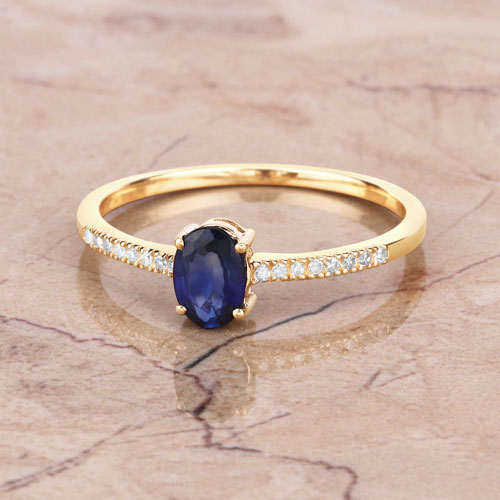 0.54 Carat Genuine Blue Sapphire and White Diamond 14K Yellow Gold Ring
