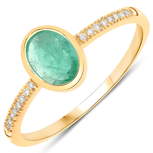 Emerald-0.77 Carat Genuine Zambian Emerald and White Diamond 14K Yellow Gold Ring