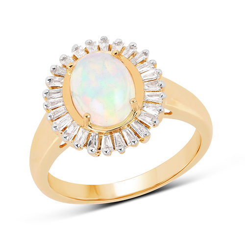 Opal-1.58 Carat Genuine Ethiopian Opal and White Diamond 14K Yellow Gold Ring