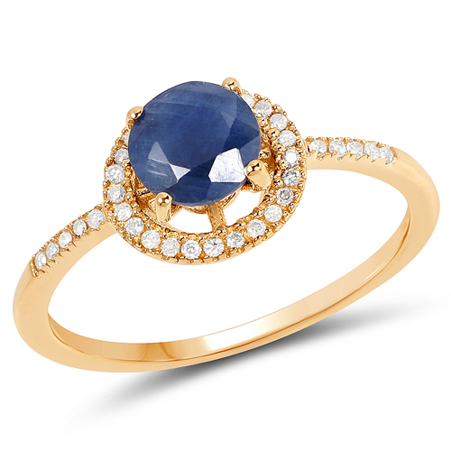 1.11 Carat Genuine Blue Sapphire and White Diamond 14K Yellow Gold Ring