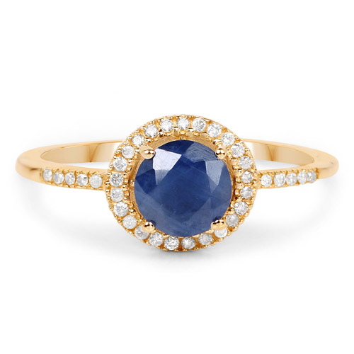 1.11 Carat Genuine Blue Sapphire and White Diamond 14K Yellow Gold Ring