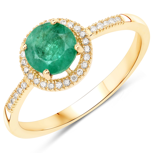 Emerald-0.85 Carat Genuine Zambian Emerald and White Diamond 10K Yellow Gold Ring