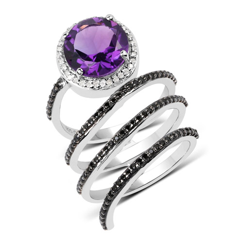 Amethyst-4.07 Carat Genuine Amethyst, Black Spinel and White Diamond .925 Sterling Silver Ring