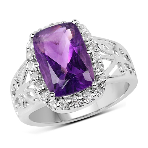 Amethyst-4.04 Carat Genuine  Amethyst and White Topaz .925 Sterling Silver Ring