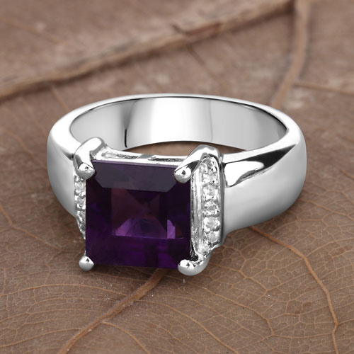 2.55 Carat Genuine Amethyst and White Topaz .925 Sterling Silver Ring