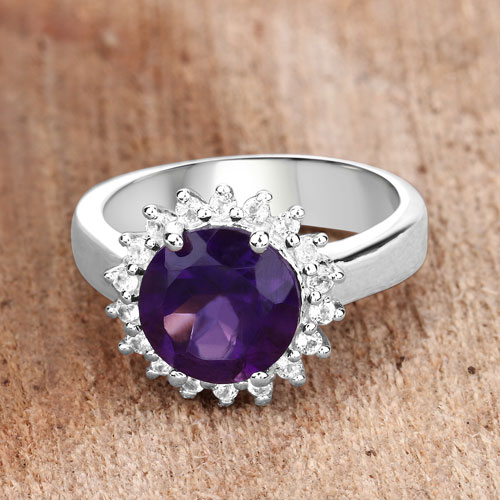 2.80 Carat Genuine Amethyst and White Topaz .925 Sterling Silver Ring