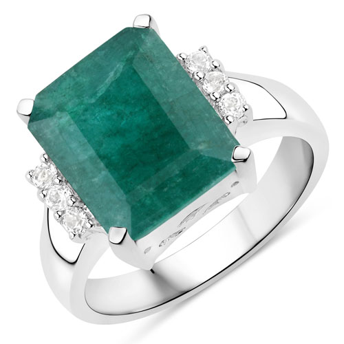 Emerald-6.11 Carat Dyed Emerald and White Topaz .925 Sterling Silver Ring