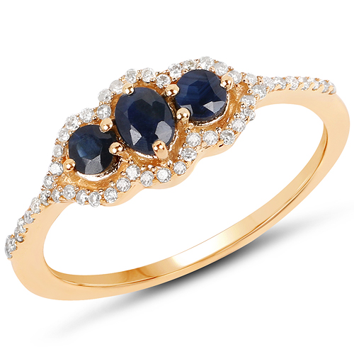 0.59 Carat Genuine Blue Sapphire and White Diamond 14K Yellow Gold Ring