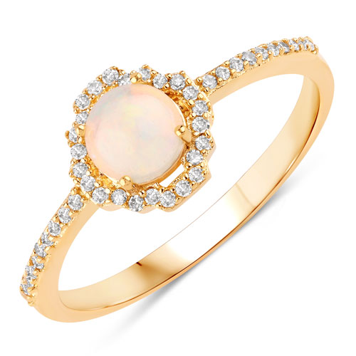 Opal-0.41 Carat Genuine Ethiopian Opal and White Diamond 14K Yellow Gold Ring