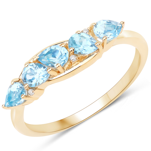 Rings-0.91 Carat Genuine Swiss Blue Topaz and White Diamond 14K Yellow Gold Ring