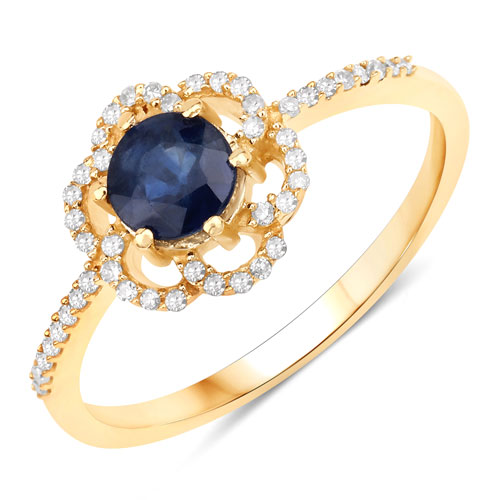 Sapphire-0.78 Carat Genuine Blue Sapphire and White Diamond 14K Yellow Gold Ring