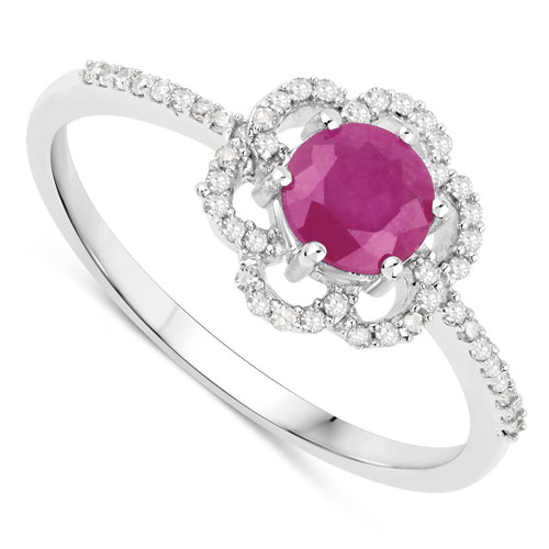 0.68 Carat Genuine Ruby and White Diamond 14K White Gold Ring