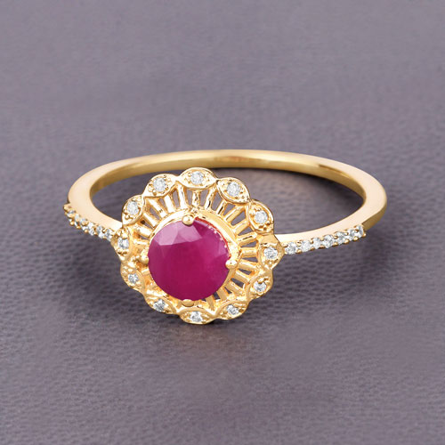 0.68 Carat Genuine Ruby and White Diamond 14K Yellow Gold Ring
