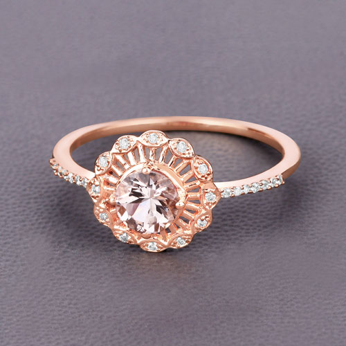 0.54 Carat Genuine Morganite and White Diamond 14K Rose Gold Ring