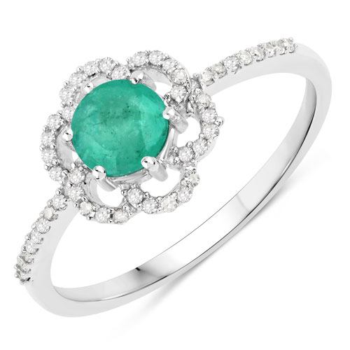 Emerald-0.55 Carat Genuine Zambian Emerald and White Diamond 14K White Gold Ring