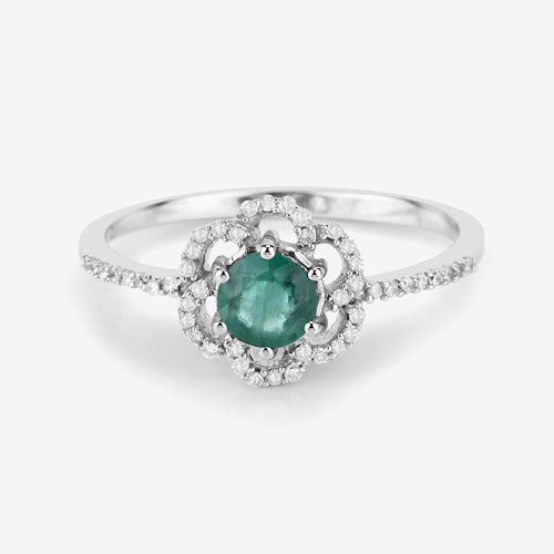 0.55 Carat Genuine Zambian Emerald and White Diamond 14K White Gold Ring