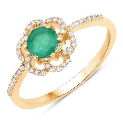 Emerald-0.55 Carat Genuine Zambian Emerald and White Diamond 14K Yellow Gold Ring