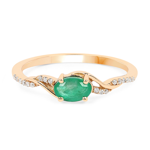 0.49 Carat Genuine Zambian Emerald and White Diamond 14K Yellow Gold Ring