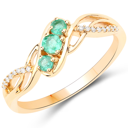 Emerald-0.28 Carat Genuine Zambian Emerald and White Diamond 18K Yellow Gold Ring