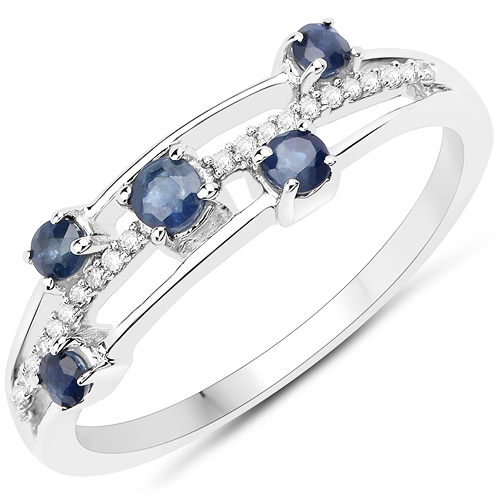 Sapphire-0.37 Carat Genuine Blue Sapphire and White Diamond 18K White Gold Ring