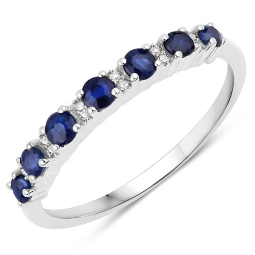 Sapphire-0.43 Carat Genuine Blue Sapphire and White Diamond 14K White Gold Ring