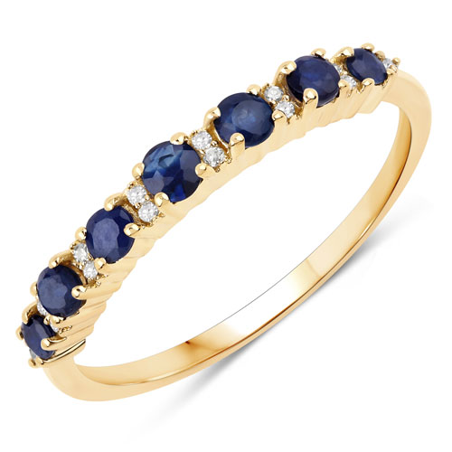 Sapphire-0.43 Carat Genuine Blue Sapphire and White Diamond 14K Yellow Gold Ring