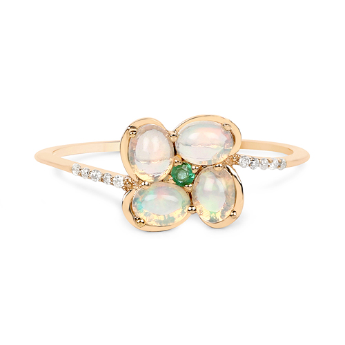 0.54 Carat Genuine Ethiopian Opal, Zambian Emerald and White Diamond 14K Yellow Gold Ring