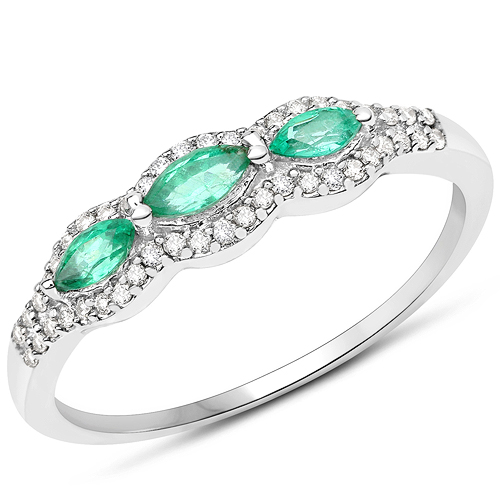 Emerald-18K White Gold 0.38 Carat Genuine Zambian Emerald and White Diamond Ring