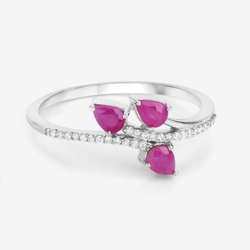 0.68 Carat Genuine Ruby and White Diamond 14K White Gold Ring