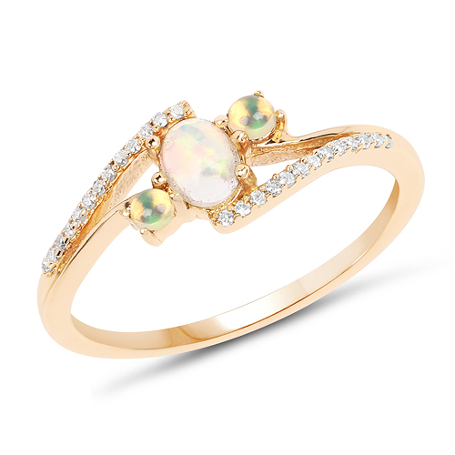 Opal-0.36 Carat Genuine Opal Ethiopian and White Diamond 14K Yellow Gold Ring