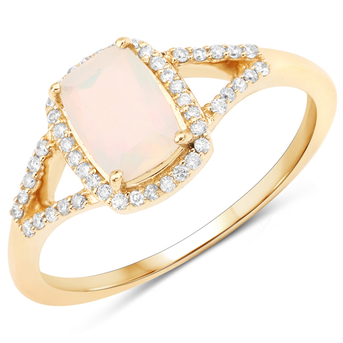 Opal-0.54 Carat Genuine Ethiopian Opal and White Diamond 14K Yellow Gold Ring