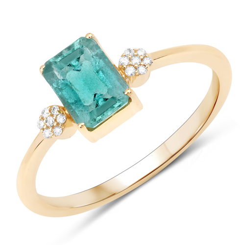 Emerald-0.97 Carat Genuine Zambian Emerald and White Diamond 14K Yellow Gold Ring