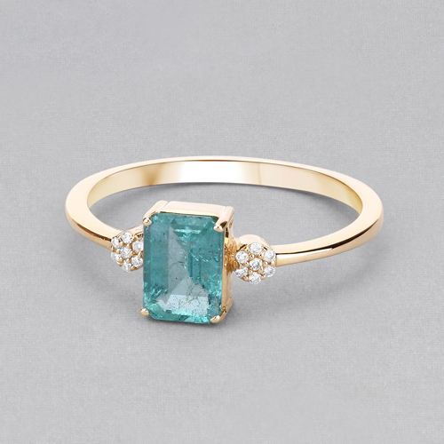 0.97 Carat Genuine Zambian Emerald and White Diamond 14K Yellow Gold Ring