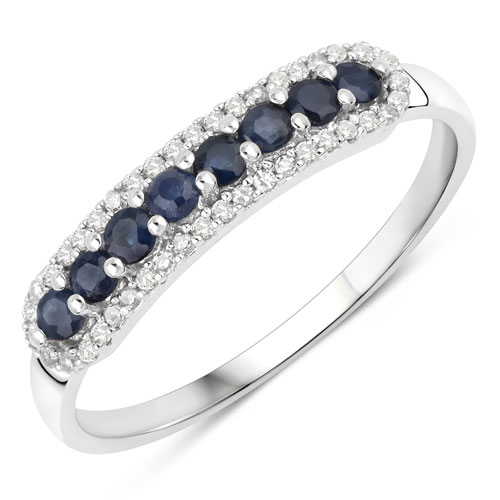 Sapphire-0.43 Carat Genuine Blue Sapphire and White Diamond 14K White Gold Ring