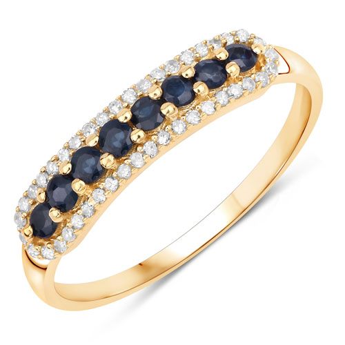 Sapphire-0.43 Carat Genuine Blue Sapphire and White Diamond 14K Yellow Gold Ring
