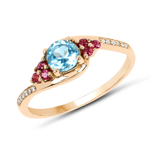 Rings-0.76 Carat Genuine Swiss Blue Topaz, Pink Tourmaline & White Diamond 14K Yellow Gold Ring