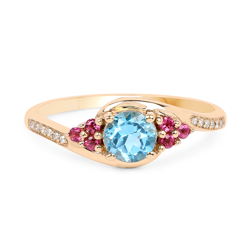 0.76 Carat Genuine Swiss Blue Topaz, Pink Tourmaline & White Diamond 14K Yellow Gold Ring