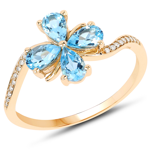 Rings-0.97 Carat Genuine Swiss Blue Topaz and White Diamond 14K Yellow Gold Ring