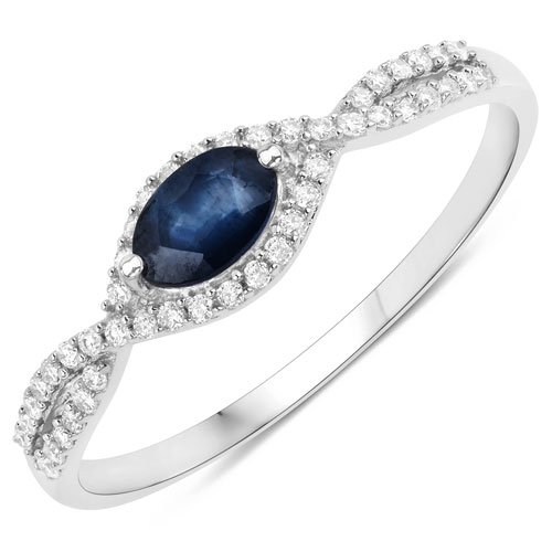 Sapphire-0.35 Carat Genuine Blue Sapphire and White Diamond 14K White Gold Ring