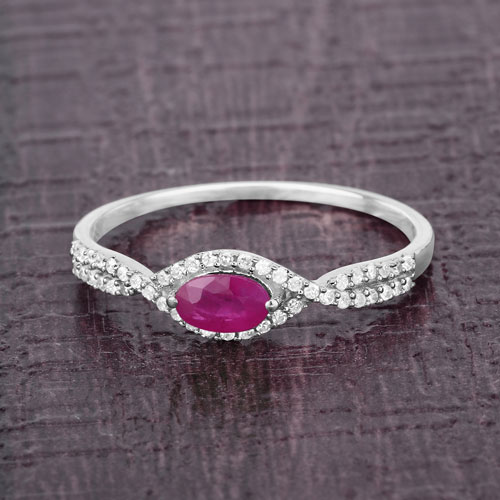 0.40 Carat Genuine Ruby and White Diamond 14K White Gold Ring