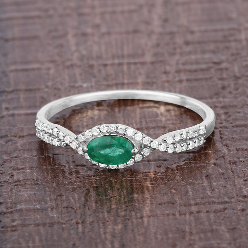 0.32 Carat Genuine Zambian Emerald and White Diamond 14K White Gold Ring