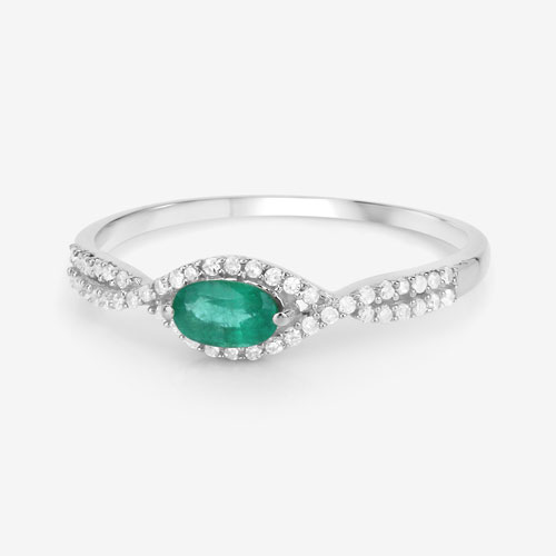 0.32 Carat Genuine Zambian Emerald and White Diamond 14K White Gold Ring