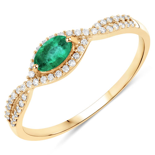 Emerald-0.32 Carat Genuine Zambian Emerald and White Diamond 14K Yellow Gold Ring