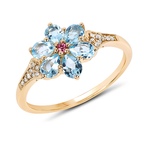 Rings-1.09 Carat Genuine Swiss Blue Topaz, Pink Tourmaline and White Diamond 14K Yellow Gold Ring