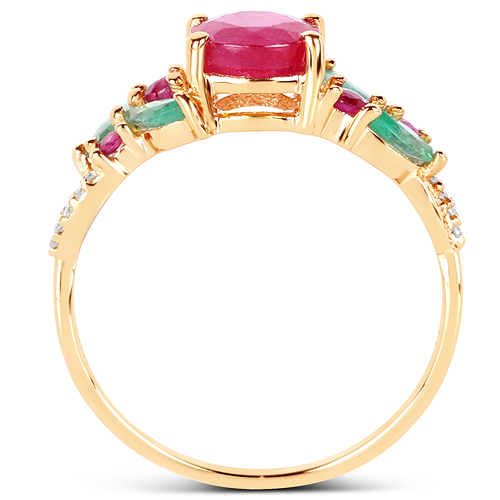 1.39 Carat Genuine Ruby, Zambian Emerald & White Diamond 14K Yellow Gold Ring